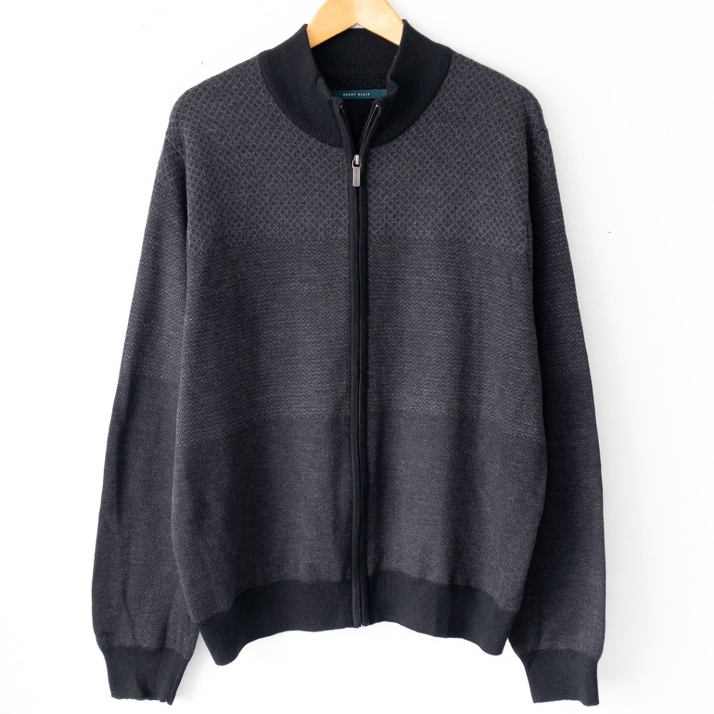 Mens Perry Ellis Gray Black Full Zip Cotton Acrylic Cardigan Sweater Size XL